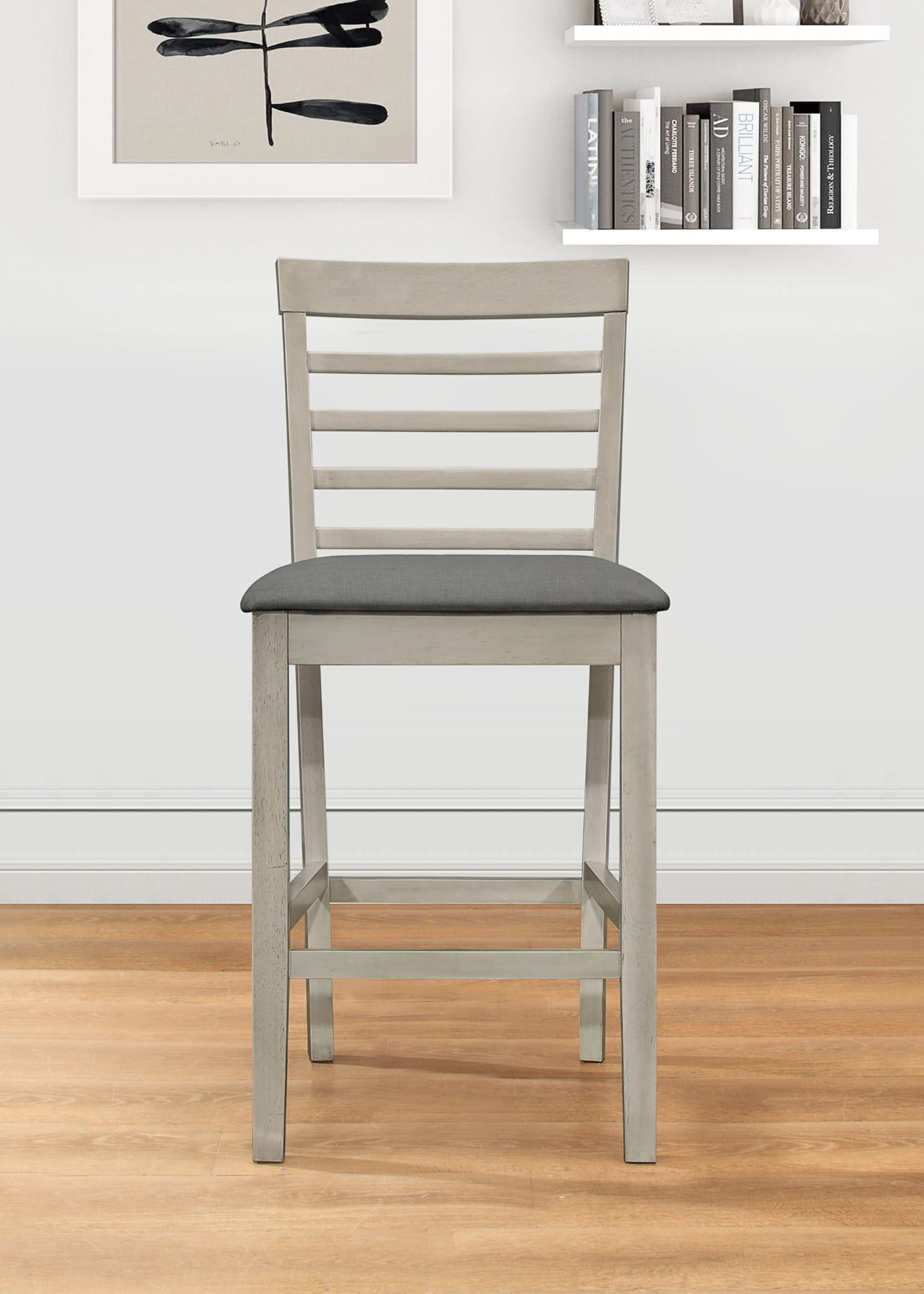 Home Design Posey 5-Piece Counter Set, Antique Gray/Gray, Square Table with Slat-Back Cushioned Chairs, Modern Minimalist Style