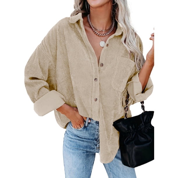 Womens Corduroy Shacket Jacket Long Sleeve Button Down Shirt Oversized Blouses Tops