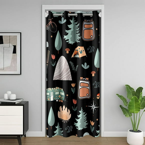 YST Camper Blackout Curtain,Happy Camping Doorway Curtain 52"W X 80"L,Rustic Farmhouse Door Curtains,Cartoon Tent Rv Christmas Tree Closet Curtain,Cute Mushroom Floral Moon Star Door Drape