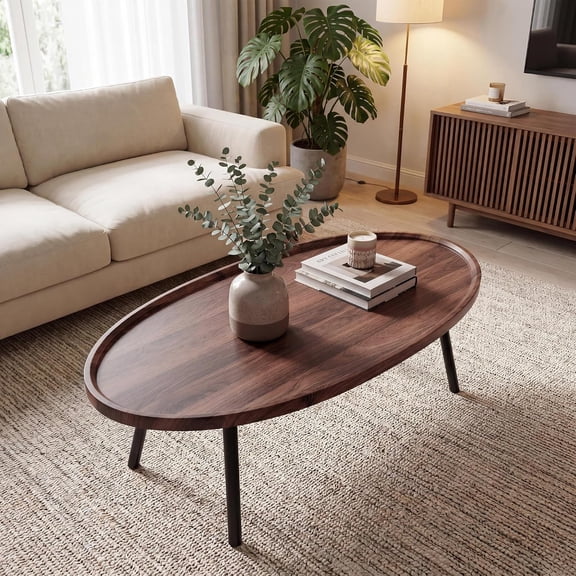 47" Oval Nesting Coffee Table, Wood Coffee Table with Tilted Legs, Modern Oval Center Table for Living Room Home Office, Walnut