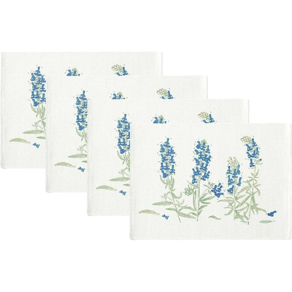 Fennco Styles Botanical Floral Print Cotton Blend Woven Table Placemats 13" W x 19" L, Set of 4 - Blue Hyacinths Design Table Mats for Home Décor, Dining Table, Banquet, Holiday and Family Gathering