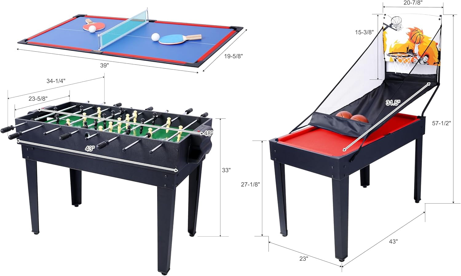 43“ Upgrade 5-in-1 Multi-Game Table - Billiards, Push Hockey, Foosball, Ping Pong, and Basketball black/red