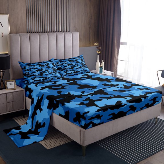 Erosebridal Blue Camouflage Bed Sheets King,Military Theme Bedding King Size,Camo Room Decorative,Super Cozy,4pcs