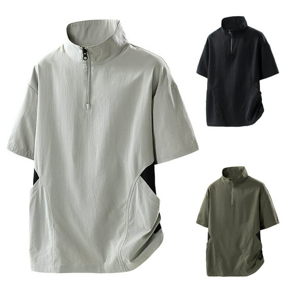 Eryao Mens 1/4 Zip Stand Up Collar Shirts Short Sleeve Workout Tshirt Colorblock Casual Summer Athletic Pullover Limited Time Deal,Black,XXL
