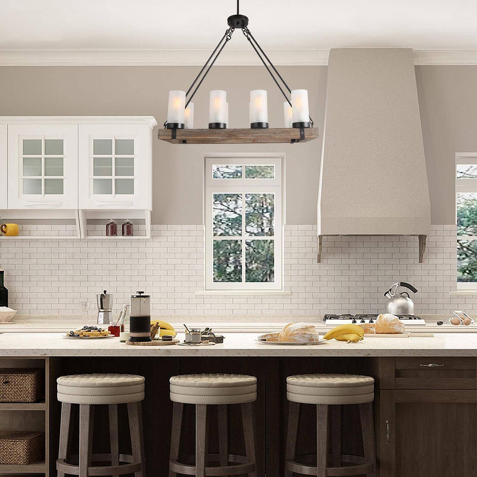 LNC 30-in Farmhouse Wood & Iron 8-Light Linear Chandelier for Kitchen Island & Dining