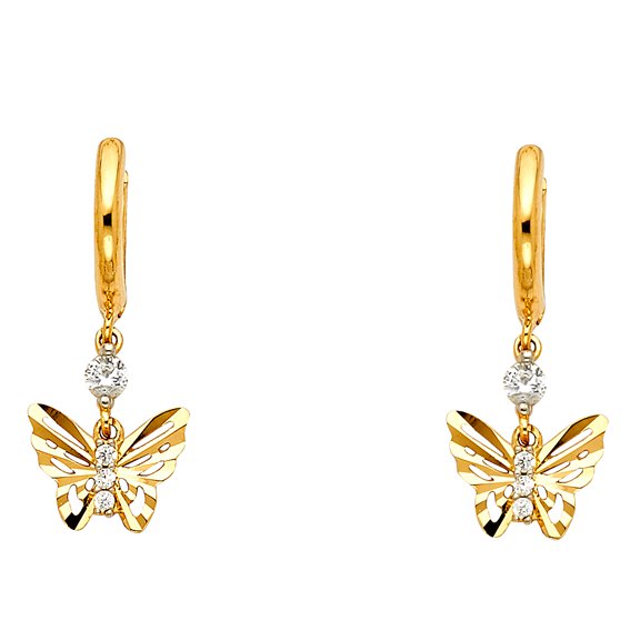 14k Yellow Gold Elegant Diamond-Cut Butterfly Studded Hanging Dangling Earrings Jewelry Female