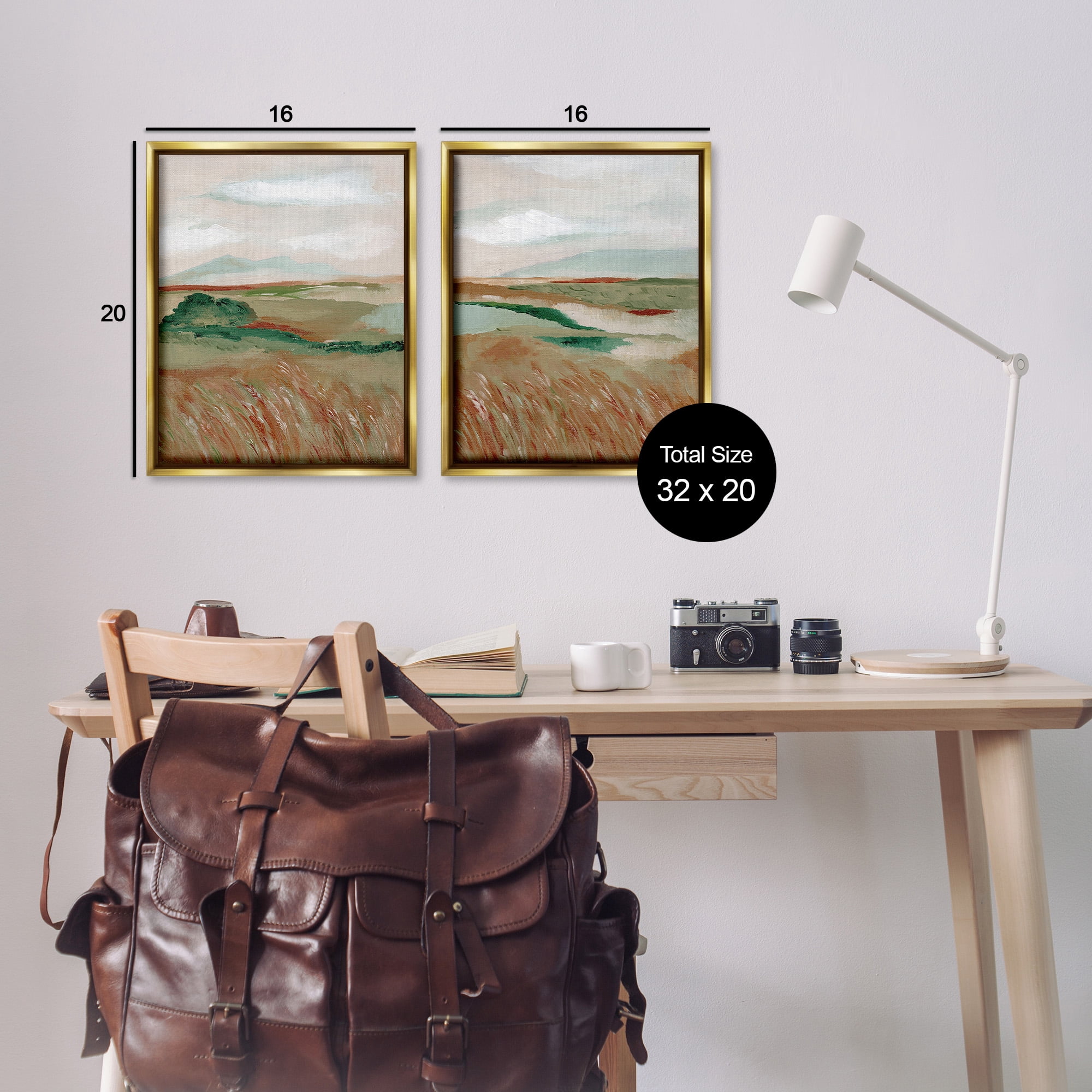 Stupell Industries Windblown Reeds Landscape Landscape Painting Gold Floater Framed Canvas Art Print Wall Art, 17 x 21, Set of 2
