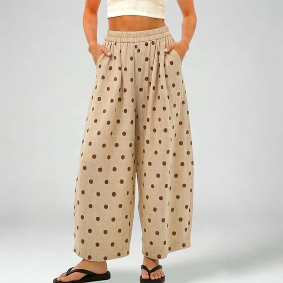Womens Pants Summer Boho Polka Dot Print Trousers Fashion Loose Casual Long Womens Pants Beige L