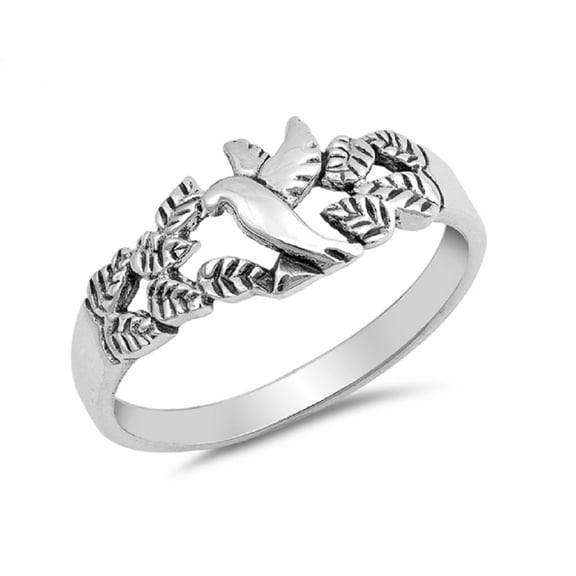 Sterling Silver Flying Dove With Leaves Ring