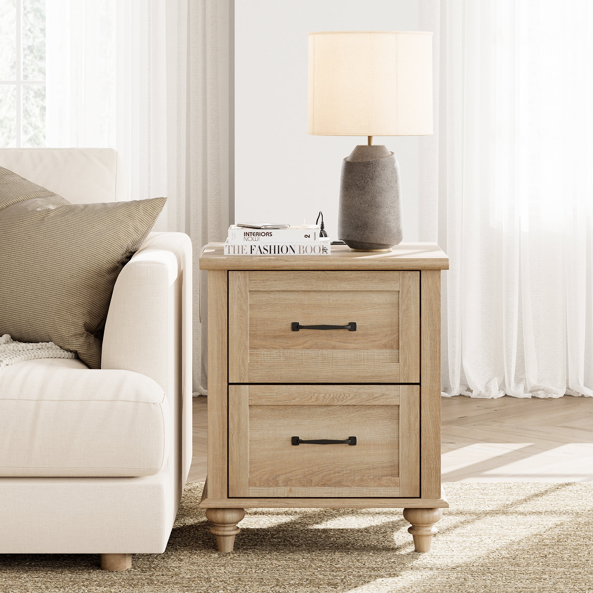 Nightstand with Charging Station, Farmhouse End Table with 2 Drawers & Wood Legs for Bedroom, Light Rustic Oak