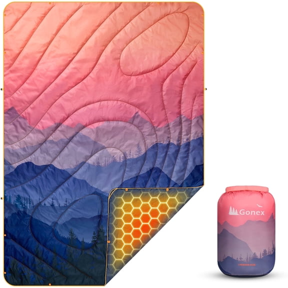 Gonex Camping Blanket with Aero-Warmth Tech Layer, Ultralight & Warm Packable Camping Quilt, Wearable Water-Resistant Puffy Blanket for Traveling, Picnic, Hiking, Beach Party 79" X 55"