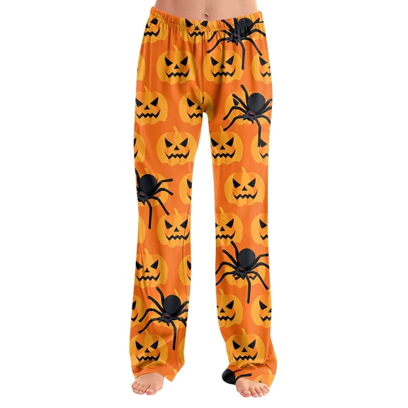 Women Halloween Pajamas Pants Cute Pink Pumpkin Skull Ghost Print PJs Bottoms Causal Soft Long Lounge Pants Sleepwear