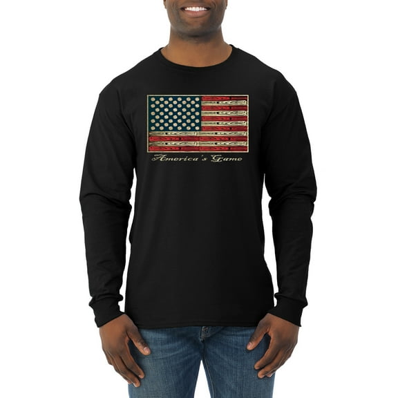 Wild Bobby, American Game Flag Baseball Bat Ball, Sports, Men Long Sleeve Shirt, Black, Small