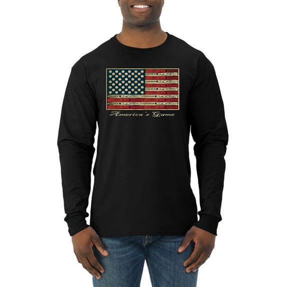 Wild Bobby, American Game Flag Baseball Bat Ball, Sports, Men Long Sleeve Shirt, Black, Medium