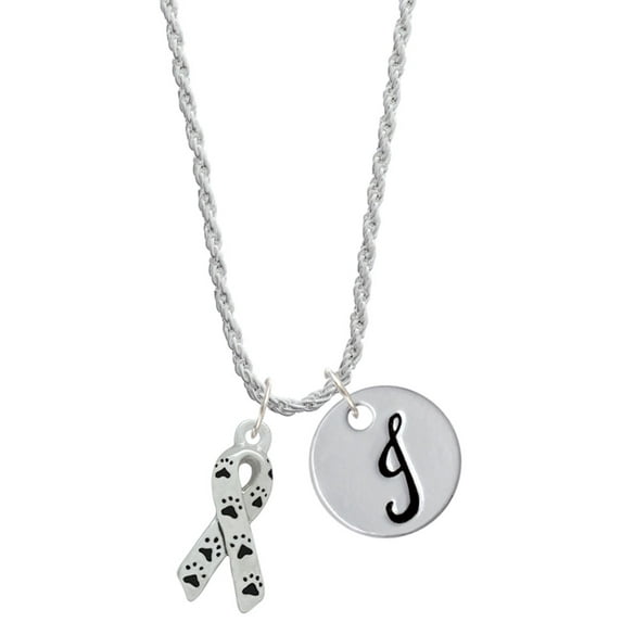 Delight Jewelry Silvertone Small Antiqued Ribbon with Paws Silvertone Script Initial Disc - J - Charm Necklace, 20"+3"
