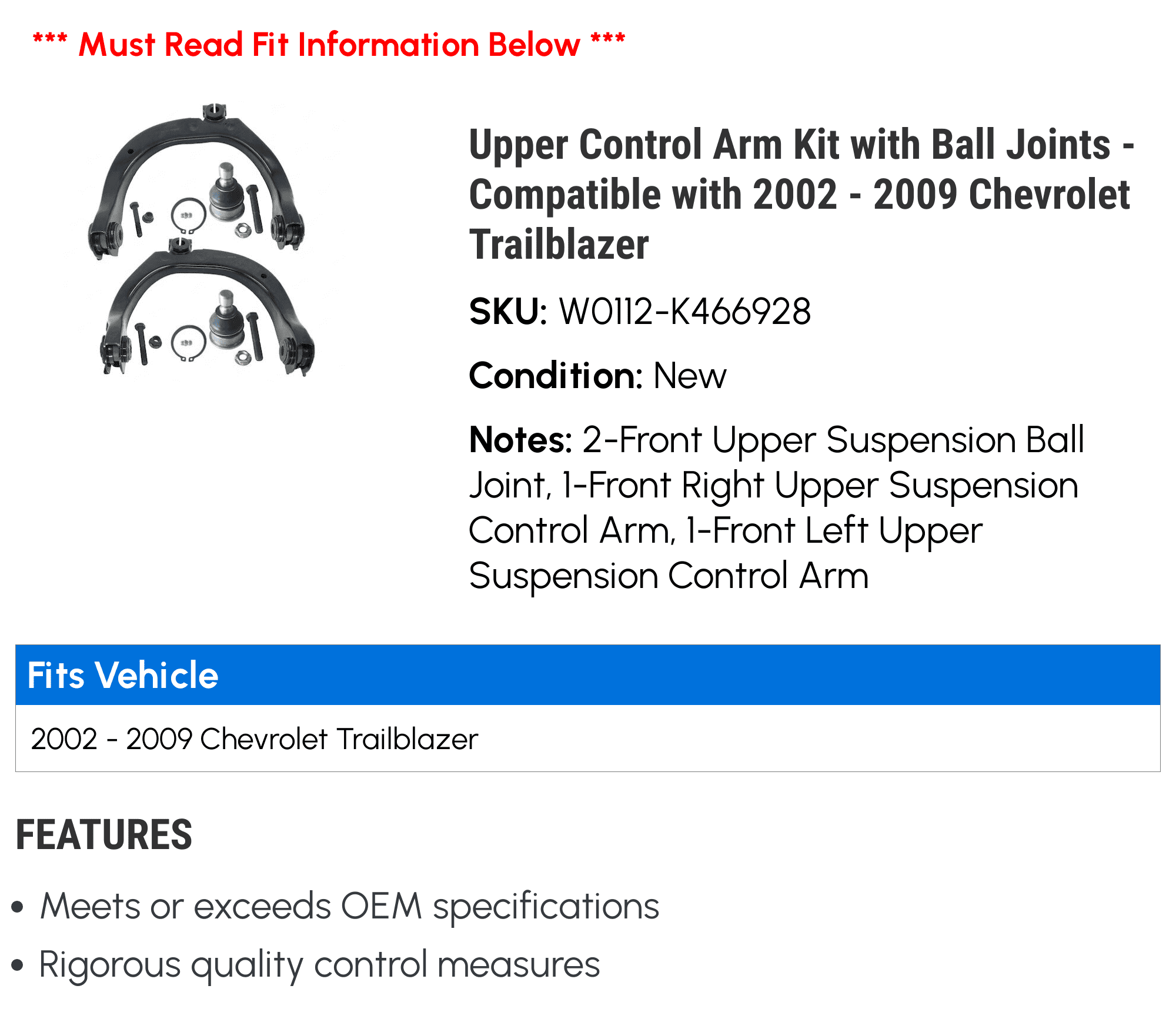 Upper Control Arm Kit with Ball Joints - Compatible with 2002 - 2009 Chevy Trailblazer 2003 2004 2005 2006 2007 2008