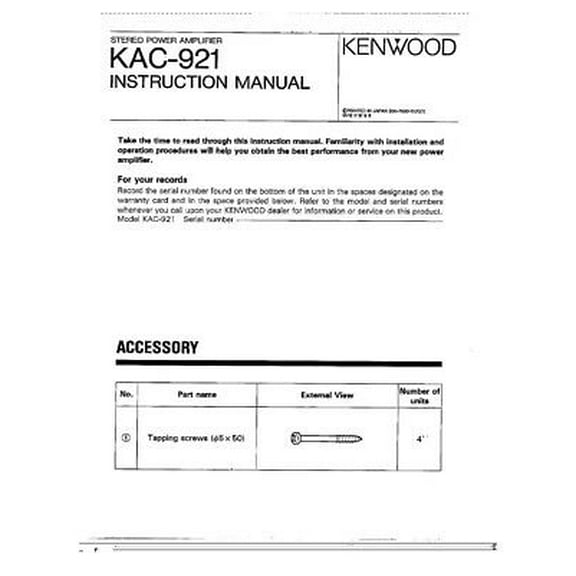 Instruction Manual ONLY for Kenwood KAC-921 Amplifier Owners Instruction Manual REPRINT