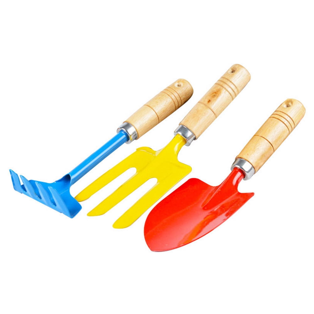 3 Pcs Trowel Harrow Rake Shovel Wooden Handle Gardening Tools Kit