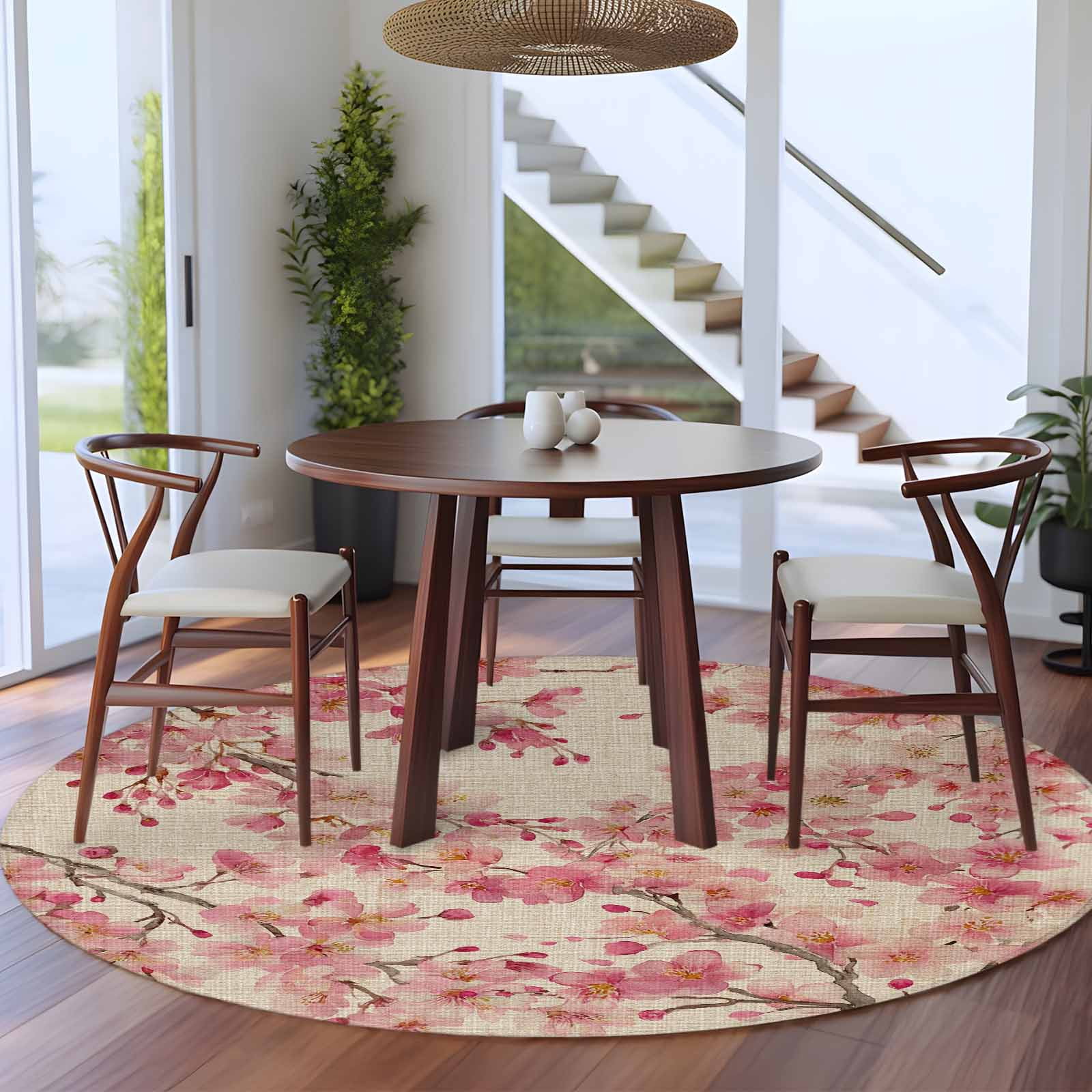 Peaches Branches Round Area Rug 5Ft Washable Circle Rugs for Living Room Bedroom, Farmhouse Spring Botanical Pink Flowers Non-Slip Carpet Floor Mats Indoor Outdoor Carpet Runner Aesthetic Home Decor