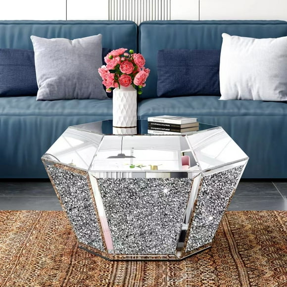 31" Coffee Table Mirrored Glass Finshed with Crushed Diamond-Silver