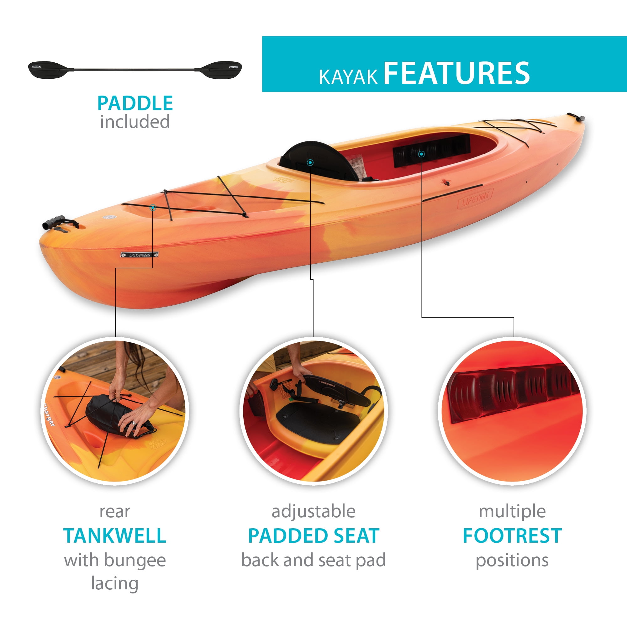(2 pack) Lifetime Charger 10 ft Sit-Inside Kayak with Paddle, Sunset Fusion (91037)