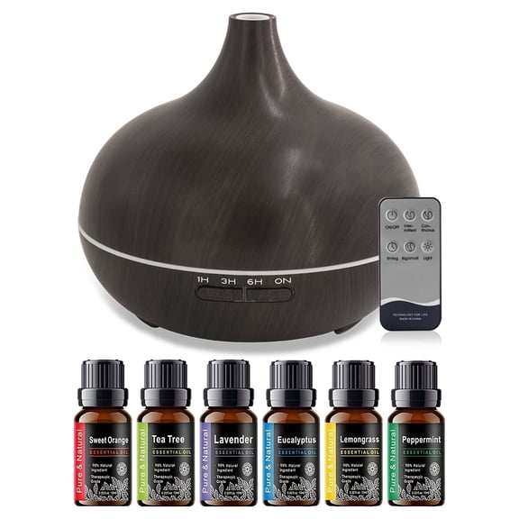18.6oz Aromatherapy Essential Oil Diffuser Wood Grain Remote Control Ultrasonic Air Humidifier Cool 7 Color LED Light With 6 Oils