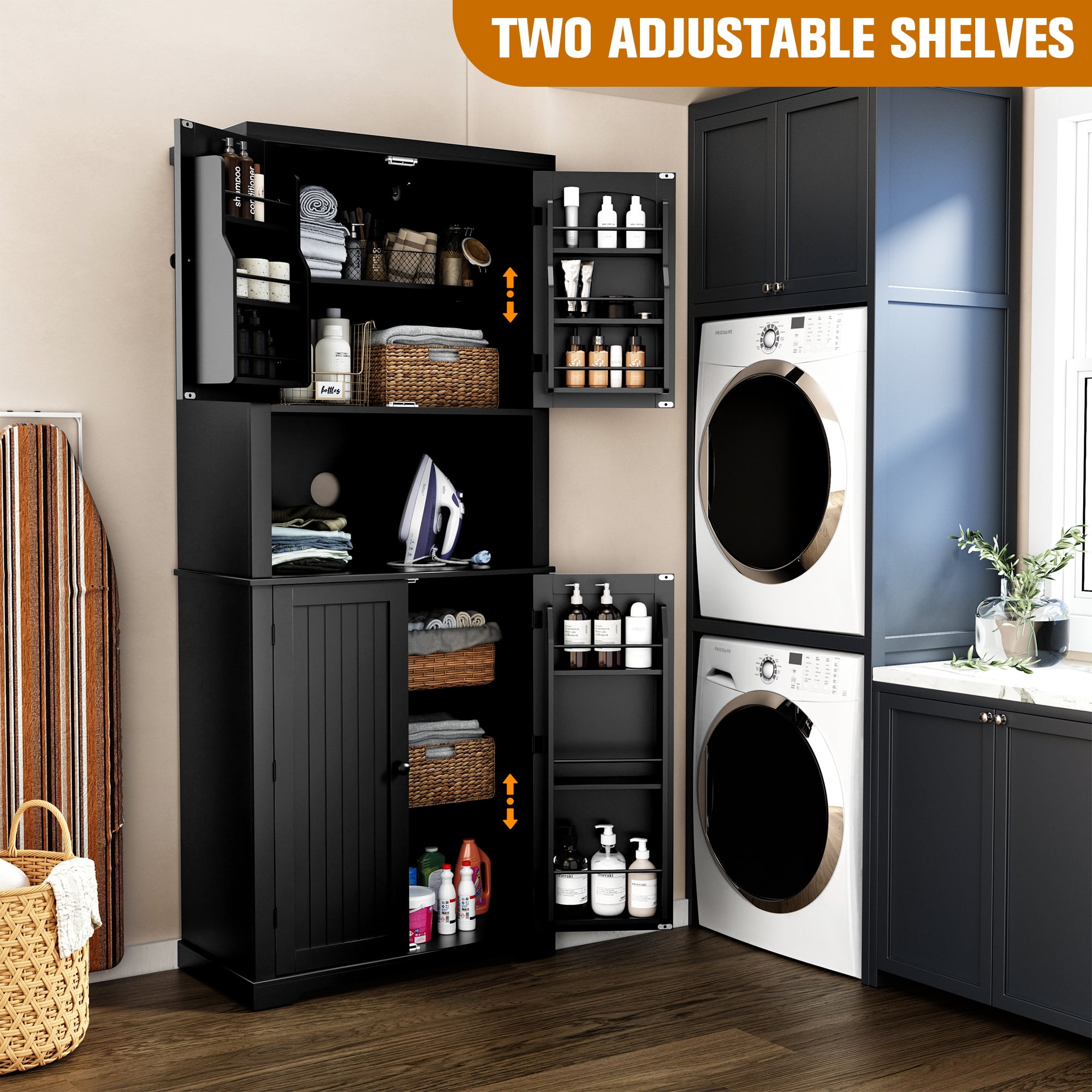HLR 72" Kitchen Pantry Cabinet, Freestanding Pantry Storage Cabinet with Hutch & Shelves, Black
