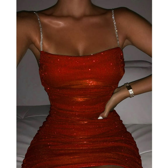 Viikei Summer Dresses for Women 2025 Plus Dresses for Women Plus Size Women Dress Clearance Sale Plus Dresses for Women 2025 Sequins Flash Chip Solid Club Night Backless Chain Buttocks Short Dress