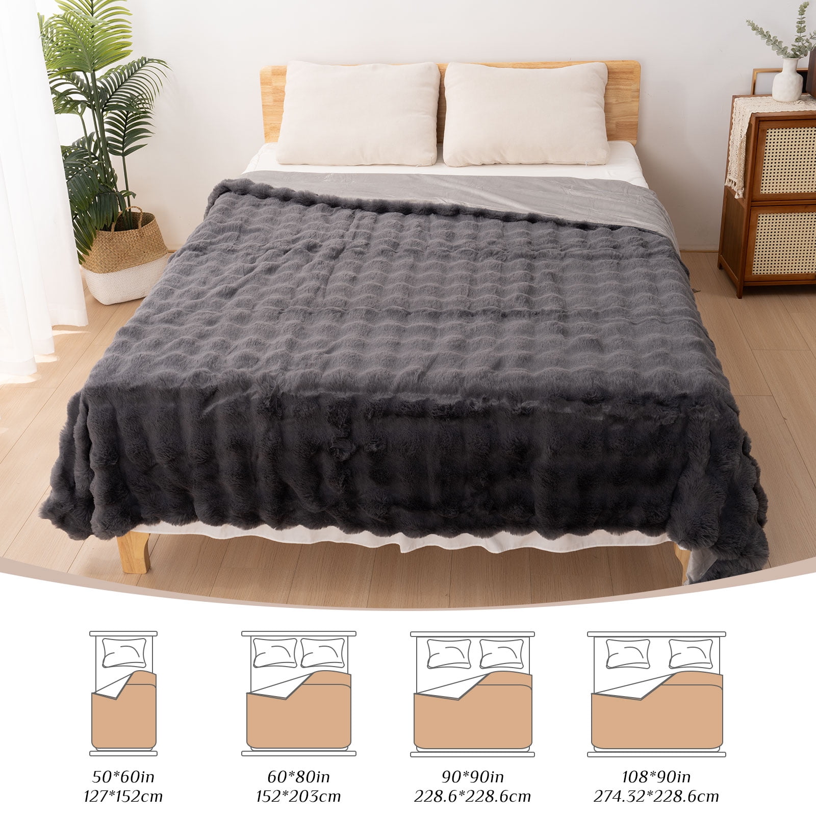 VK·LIVING Thick Ribbed Faux Rabbit Fur Cozy Reversible Throw Blanket,Super Soft 3D Striped Fuzzy Cozy Blankets,Dark Gray,90"x 90"