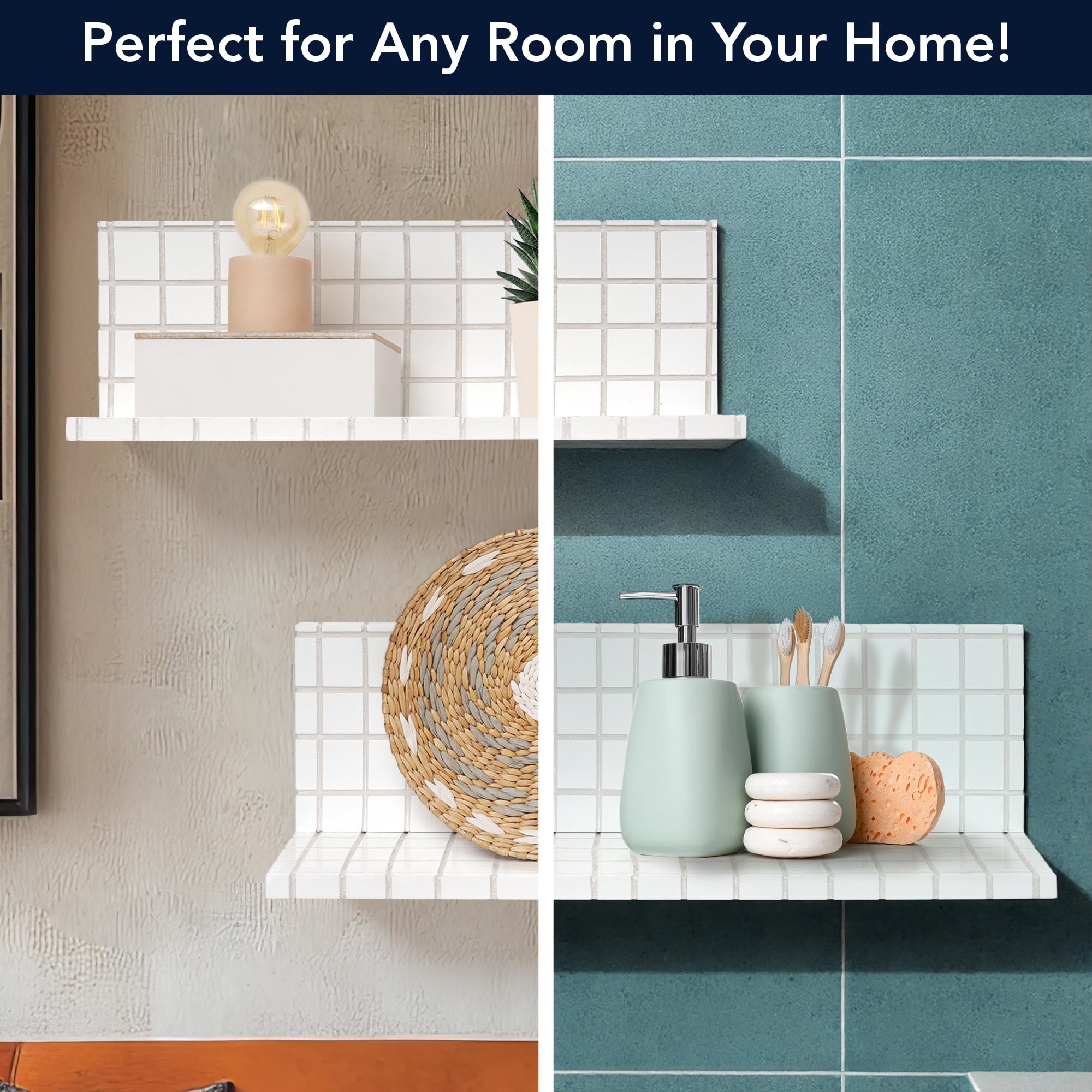 American Art Decor 2pc Stylish Retro Wavey Tile Floating Shelves for Wall & Storage - White