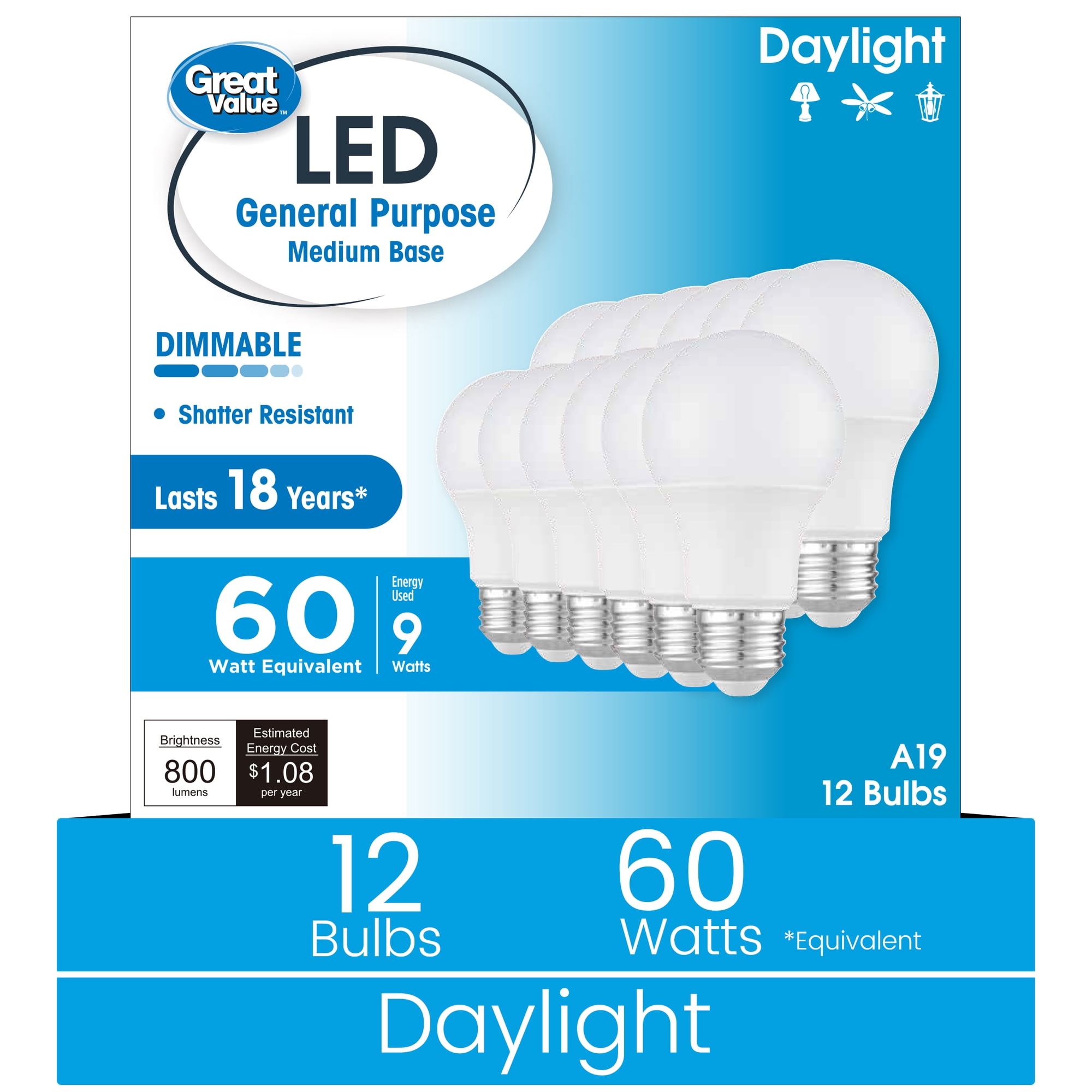 Great Value A19 LED Light Bulb, 9W, 60W Equivalent, 800 Lumens, 5000K Daylight, Dimmable, E26 Medium Base, 12 Pack