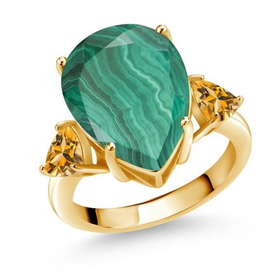 Gem Stone King 10.82 Ct Green Malachite Yellow Citrine 18K Yellow Gold Plated Silver Ring (Size 8)