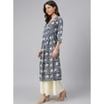 thumbnail image 4 of Janasya Indian Navy Blue Cotton Floral Print Flared 3\4 Sleeves V Neck Calf Length Kurta for Women, 4 of 7