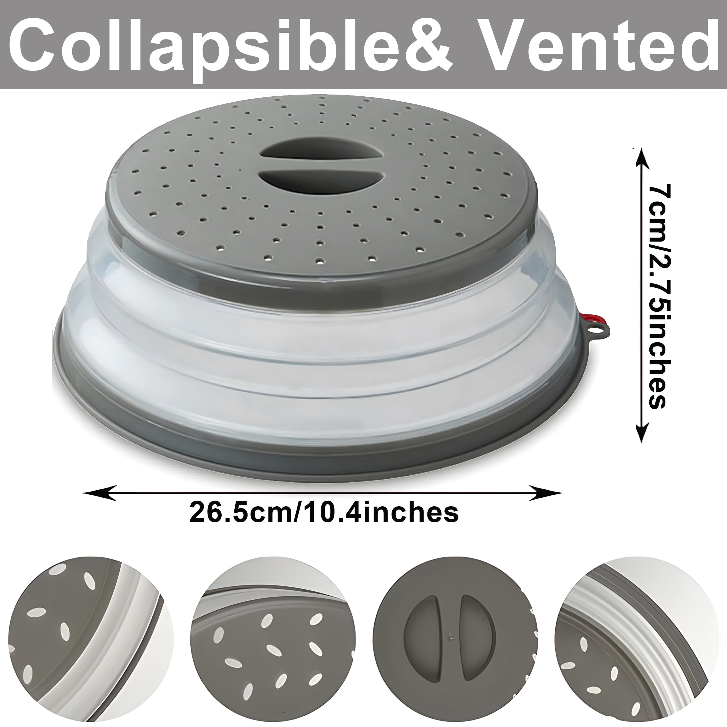 Microwave Splatter Cover Vented for Food, Splatter Guard & Colander Kitchen Gadget for Fruit Vegetables Microwave Plate Cover with Hook Hole,Dishwasher-Safe,BPA-Free Silicone & Plastic （gray）
