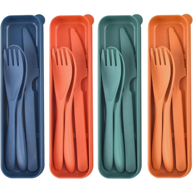 shiyou-Reusable Utensils Set with Case, 4 Sets Travel Utensils with Case, Camping Utensil Set Portable Utensils Set, for Lunch Box School Picnic Travel Camping or Daily Use (4 Colors)