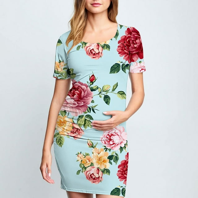 Taqqpue Robe de Maternité pour Femmes à Manches Courtes, Col Rond, Moulante, Invitée de Mariage, Grossesse, Imprimée, Ajustée, Extensible, Vêtements de Maternité, Été, Bohème, Séance Photo de Baby Shower