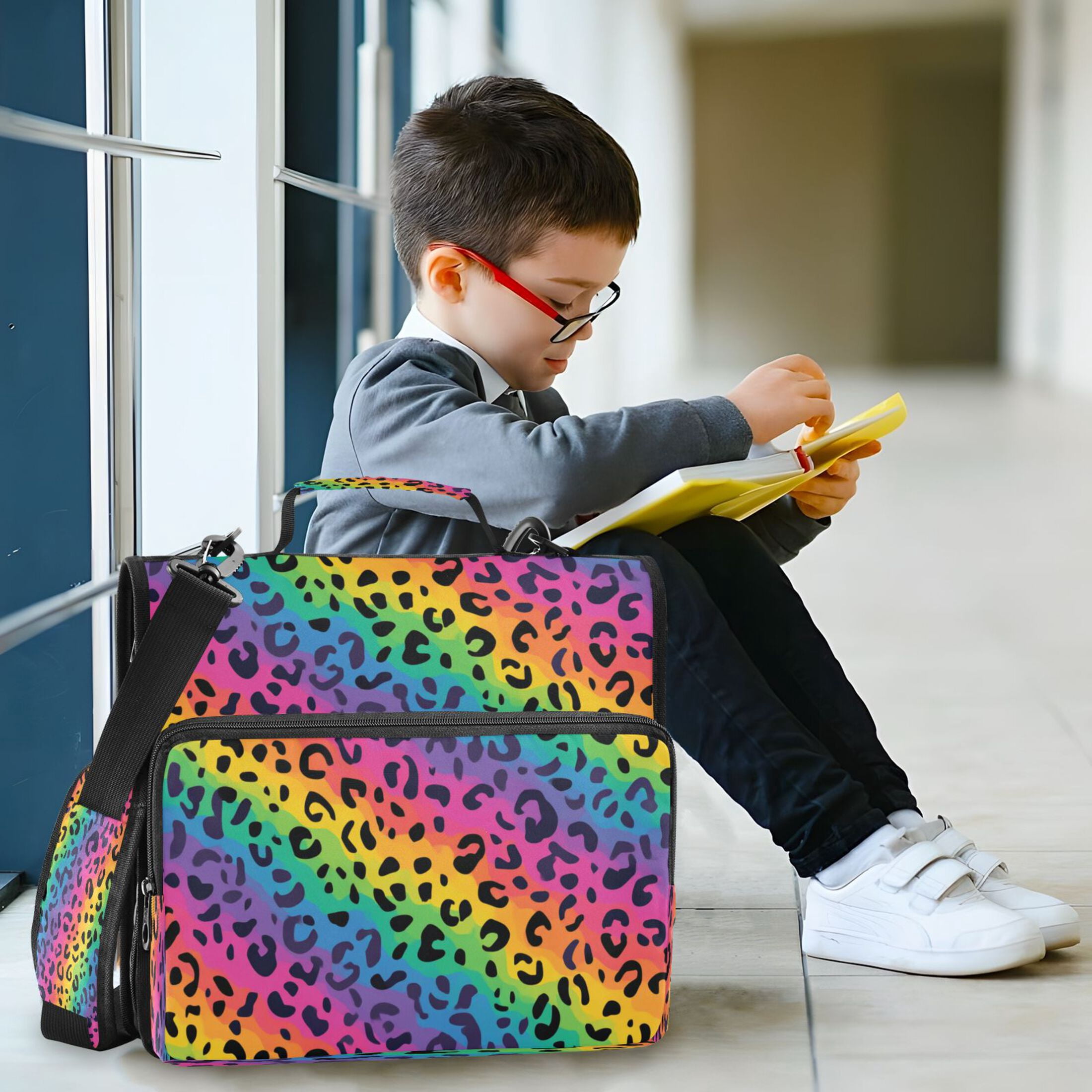 3 Ring Zipper Binder Stationery Organizer for Study Work Home Travel, All-Purpose File Folder Storage Bag for Daily Document Organization Bright Rainbow Stripe Cheetah Print