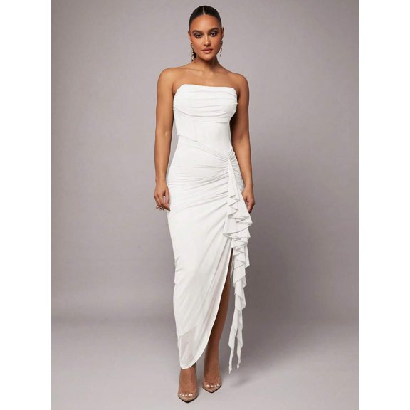 White Strapless Ruched Maxi Dress With Asymmetrical Ruffle Side Slit Elegant Evening Gown