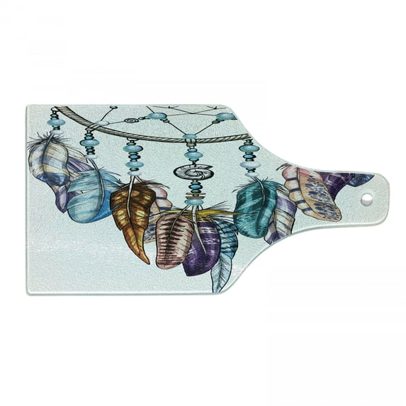 Feather Cutting Board, Ornate Dreamcatcher with Feathers and Gemstone Astrology, Decorative Tempered Glass Cutting and Serving Board, Wine Bottle Shape, Multicolor, by Ambesonne