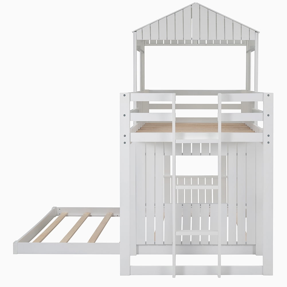 Kepooman Living Harlan Wood Loft Bed, Twin Over Full Bunk Bed, Loft Bed with Playhouse, Farmhouse, Ladder and Guardrails, White Kepooman Living Harlan Wood Loft Bed, Twin Over Full Bunk Bed, Loft Bed with Playhouse, Farmhouse, Ladder and Guardrails, White
