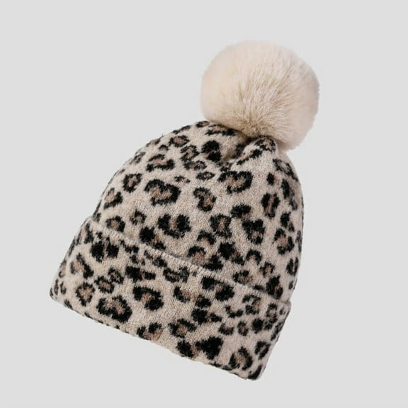 Women Leopard Print Knit Hat Winter Warm Beanie with Pom Pom Outdoor Fashion Cap