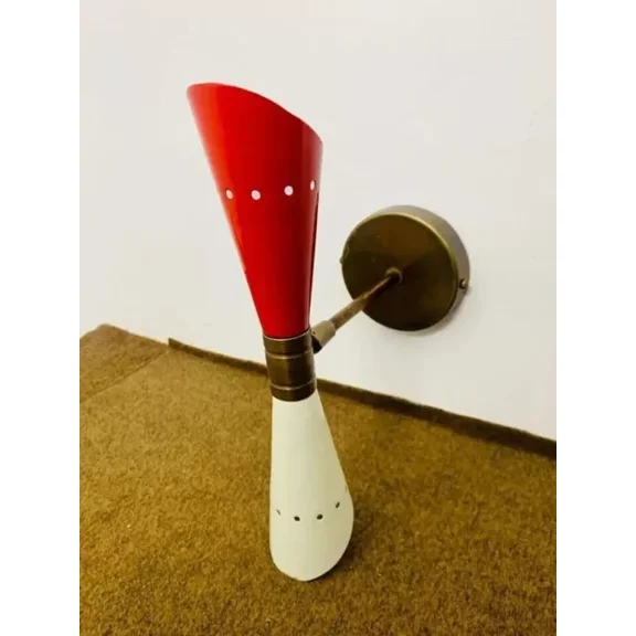 Mid Century Brass Italian Red & White Diabolo Wall Sconce Lamp Pair Of 1950