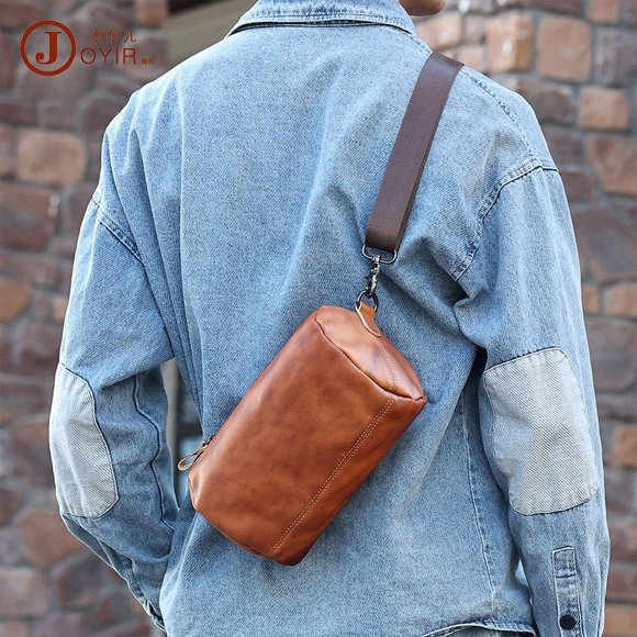 Vegetable tanned leather trendy crossbody men's bag men's top layer cowhide shoulder bag new genuine leather men's bag soft leather cylinder bag