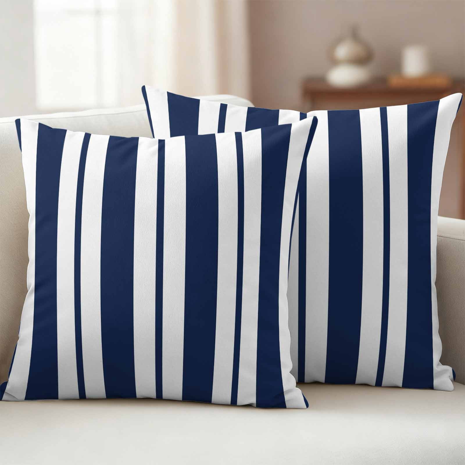 Waterproof Throw Pillow Covers 16x16 Set of 2, Navy Blue Stripes Summer Nautical Outdoor Pillowcases with Invisible Zipper, Modern Minimalist Art Decorative Cushion Covers for Patio Garden Sofa Couch