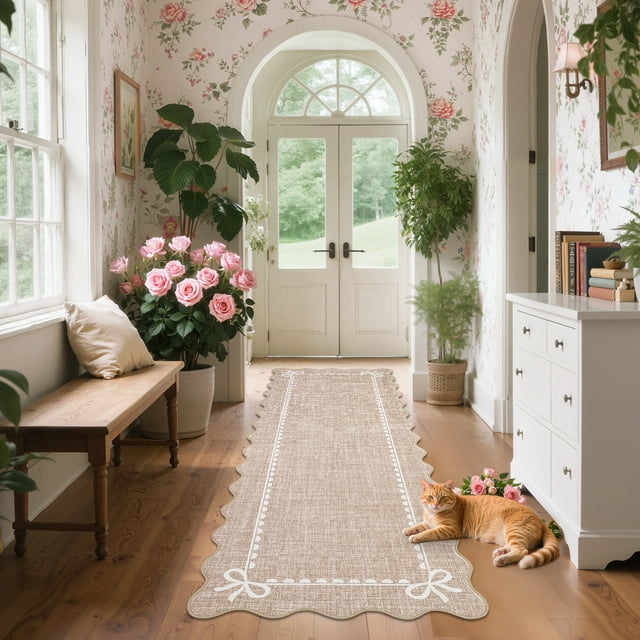 GlowSol 2'x6' Scalloped Bow Border Area Rug, Modern Solid Washable Rug with Non Slip TPR Backing, Stain Resistant Low Pile Indoor Carpet Mat for Bedroom Hallway Nursery Decor, Camel