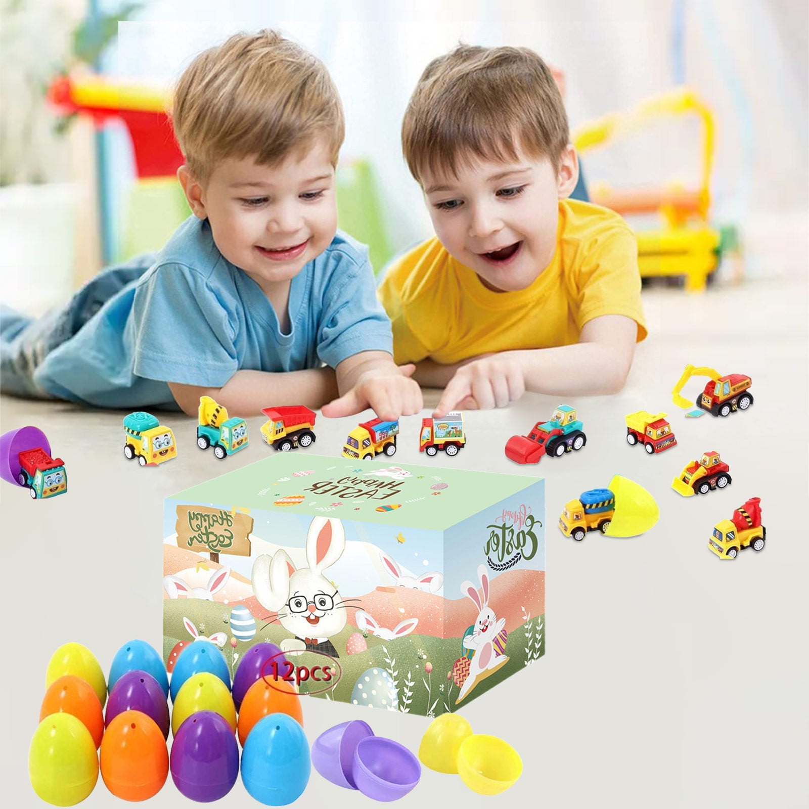 Prefilled Easter Eggs With Pull Back Cars Or Dinosaur Toys 12-Pack For Party Gifts And Holiday Fun