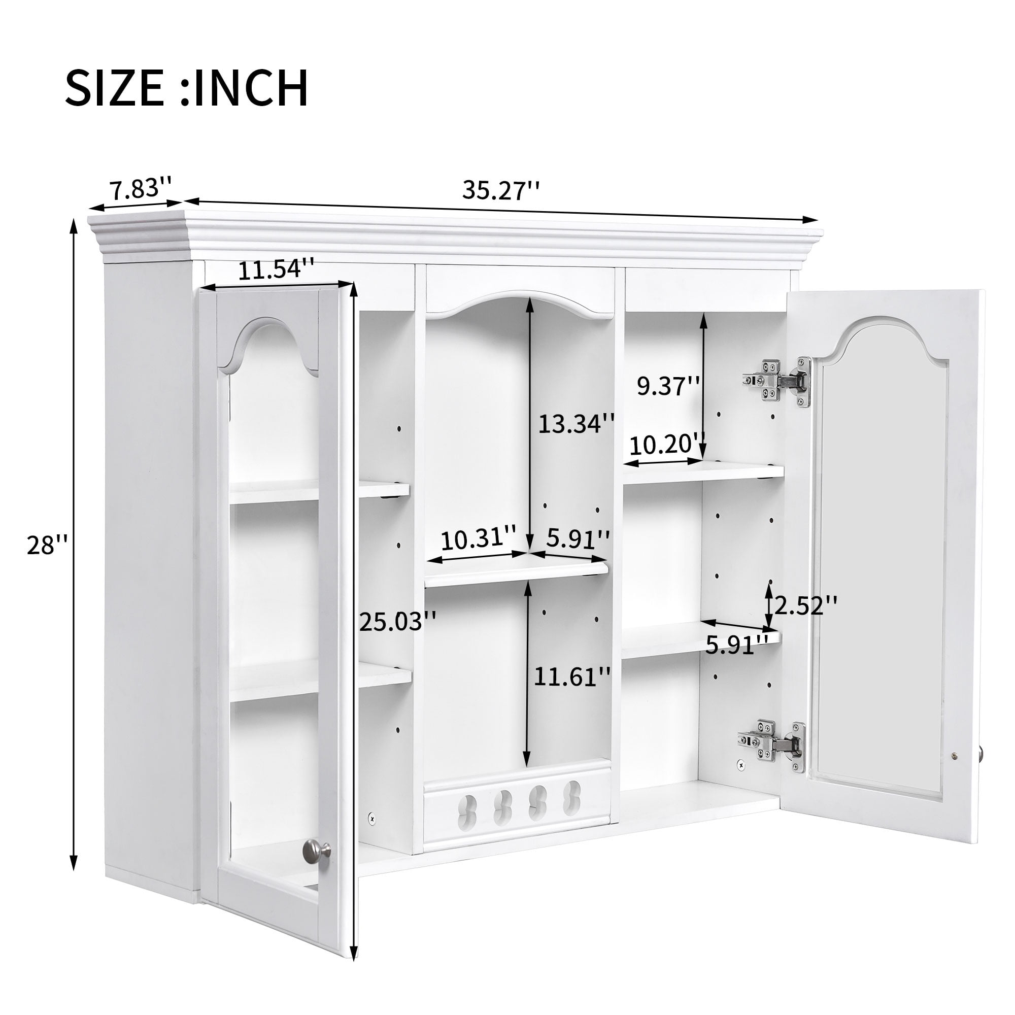 White Wall Mounted Cabinet with 2 Glass Doors – Over The Toilet Storage Cabinet, Retro Style Bathroom Wall Cabinet with Adjustable Shelf