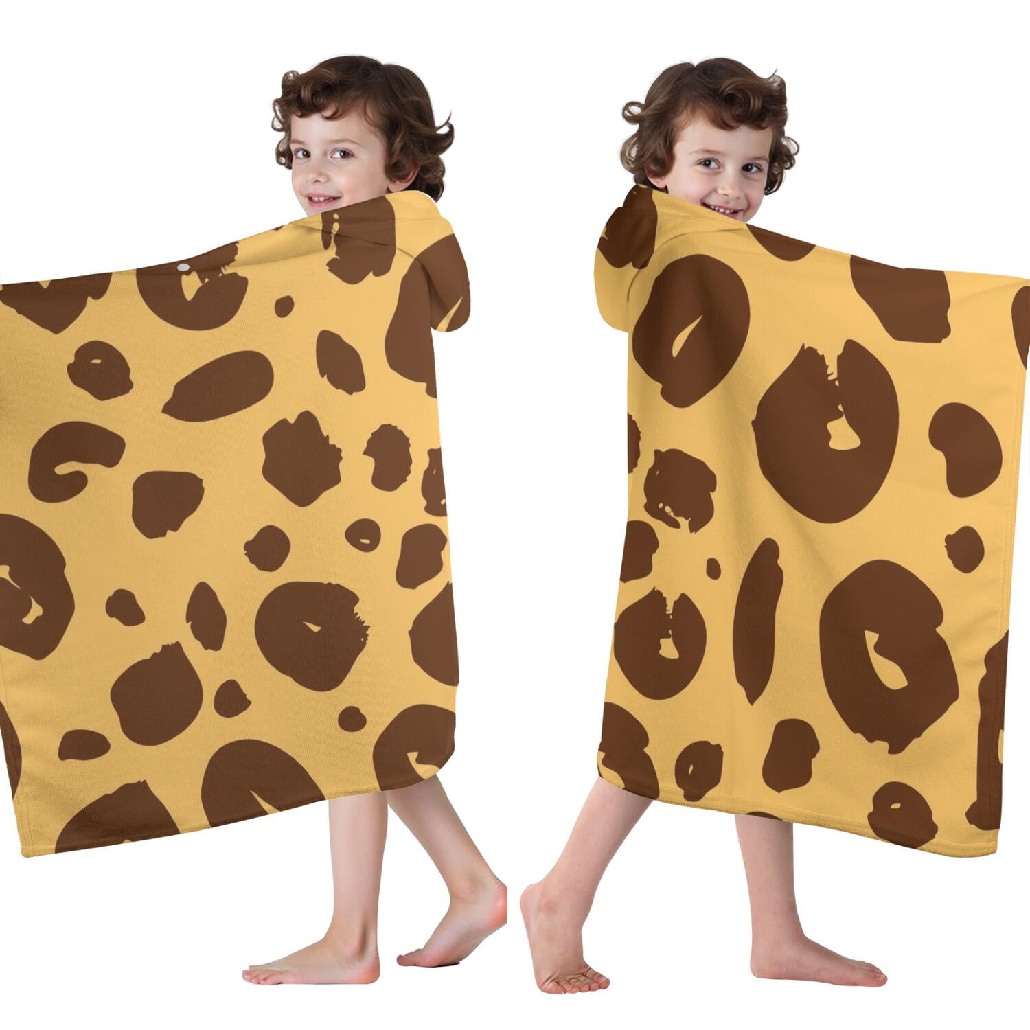 Yellow and Brown Of Leopard Print Hooded Bath Towel，60"x35" for Ages 3 To 12 Kids, Quick Dry Lightweight Soft Microfiber Hood Beach Towel Cover Up for Kids