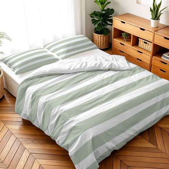 Queen Size 3 Pieces Duvet Cover Sets Modern Stripes Bedding Set,Microfiber Soft Comforter Cover with Pillow Shams,Luxury Quilt Covers for Bedroom Decor Sage Green and White Lines