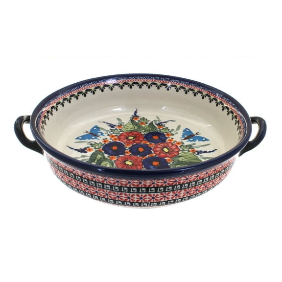 Blue Rose Polish Pottery Floral Butterfly Round Casserole with Handles